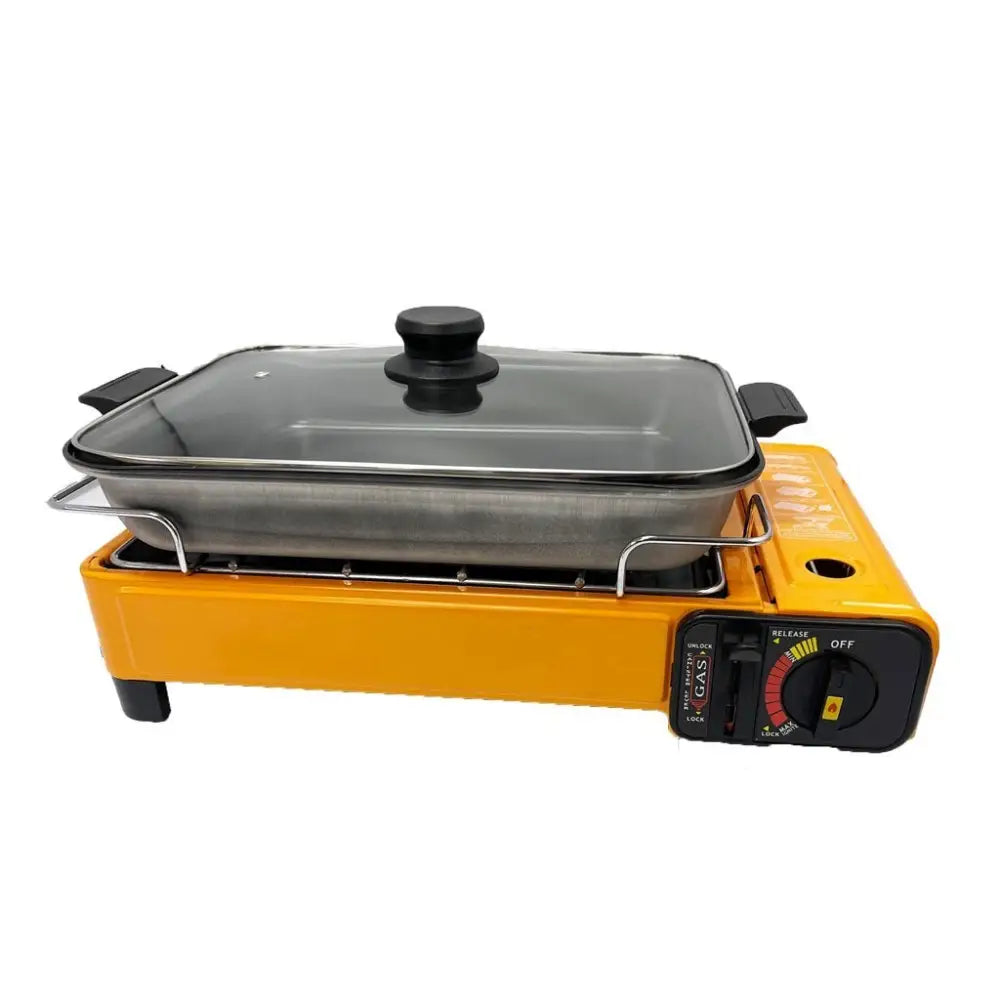 Portable Gas Stove Burner Butane BBQ Camping Gas Cooker With Non Stick Plate Black with Fish Pan and Lid - Home &