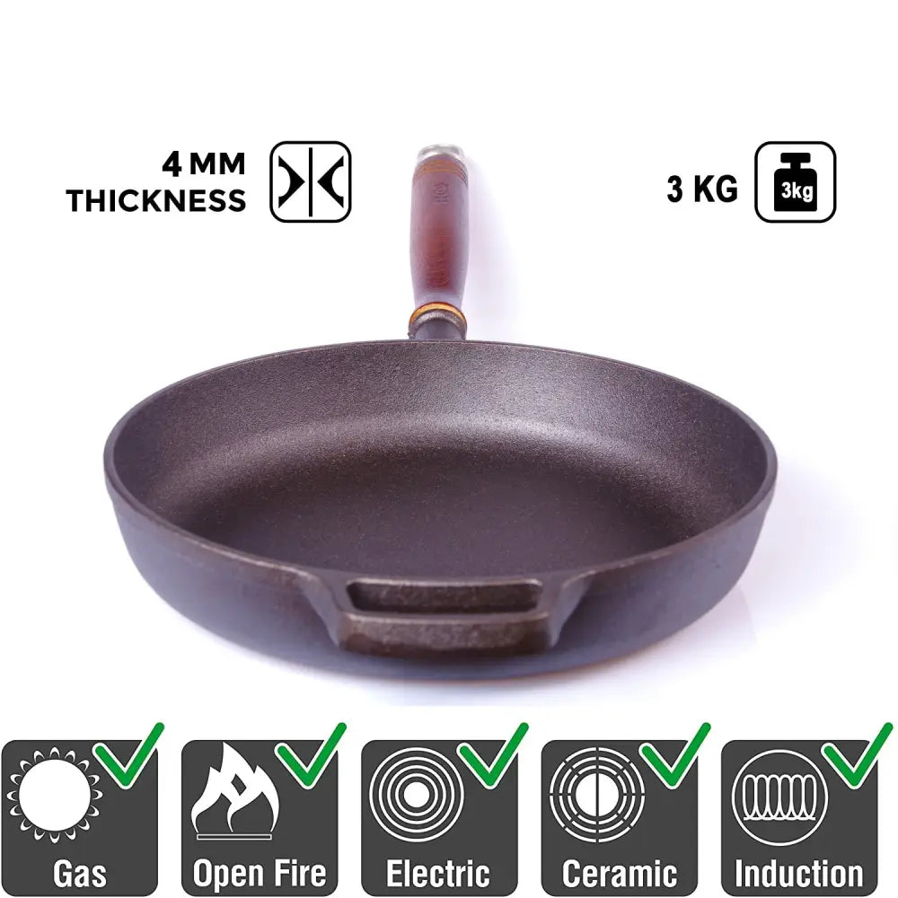 Pre-Seasoned 29cm Cast Iron Fry Pan Cookware Heat-Resistant Wooden Handle - Home & Garden > Kitchenware > Skillets &