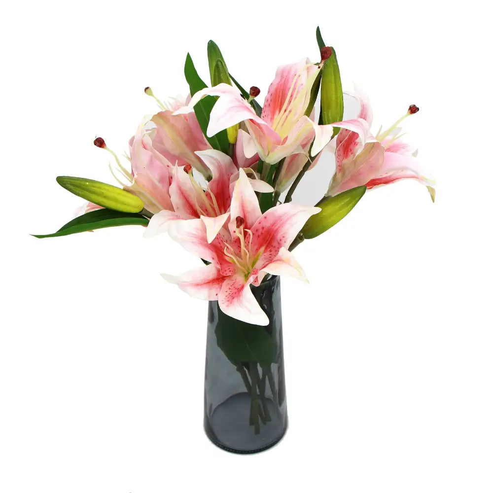Premium Faux Pink Lily In Glass Vase (Artificial Tiger Lily Arrangement) - Home & Garden > Home & Garden Others