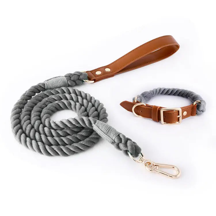 Premium Leather Pet Collar and Leash - Soft Strong Braided Rope (Dark gray - Size S) - Pet Care > Dog Supplies > Dog
