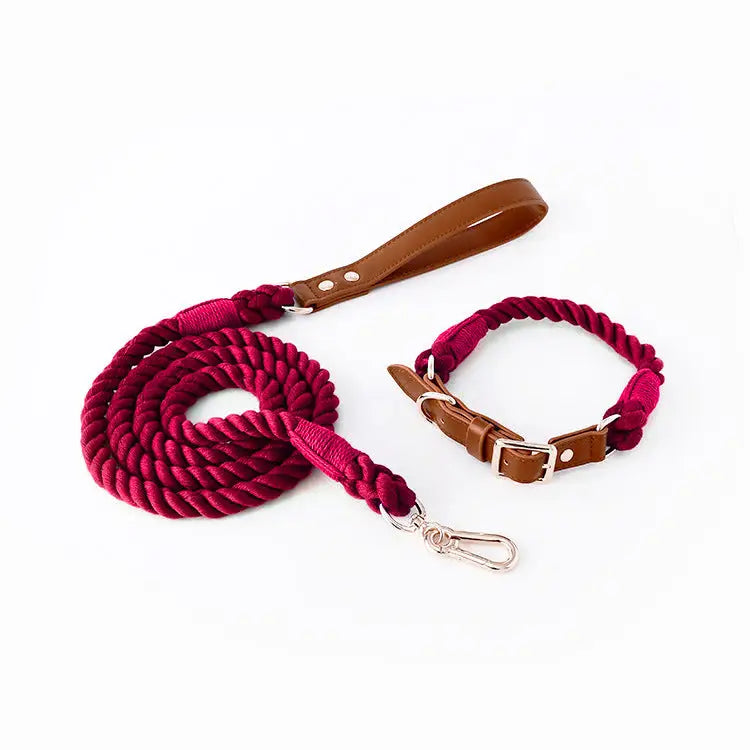 Premium Leather Pet Collar and Leash - Soft Strong Braided Rope (Wine red - Size S) - Pet Care > Dog Supplies > Dog
