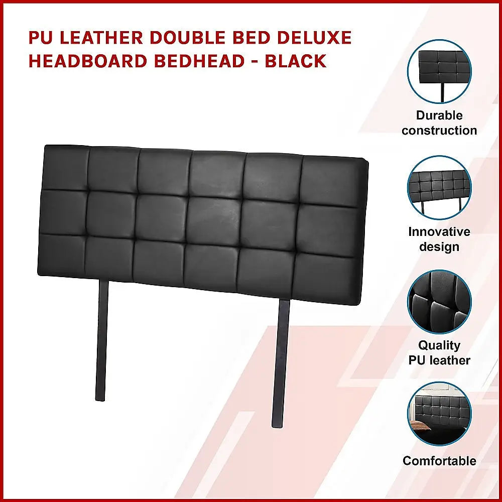 PU Leather Double Bed Deluxe Headboard Bedhead - Black - Furniture > Bedroom