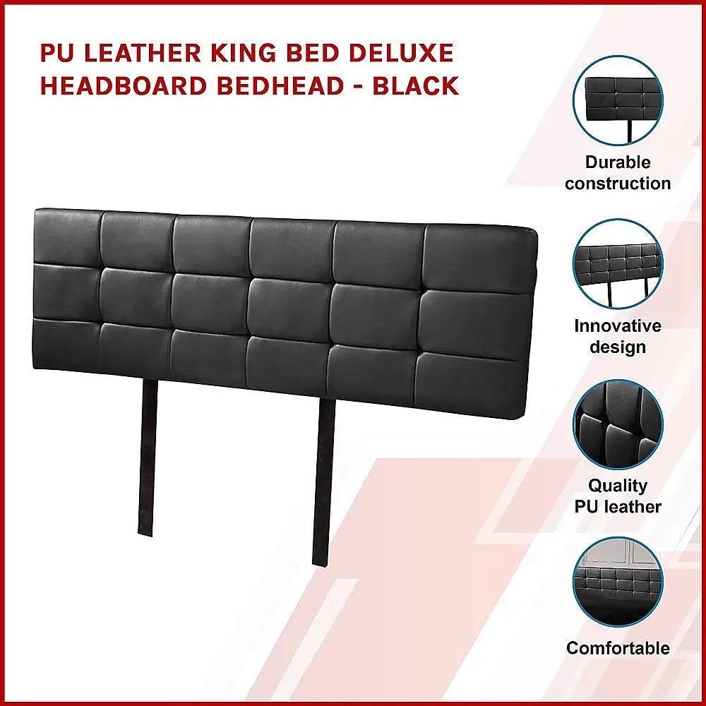 PU Leather King Bed Deluxe Headboard Bedhead - Black - Furniture > Bedroom