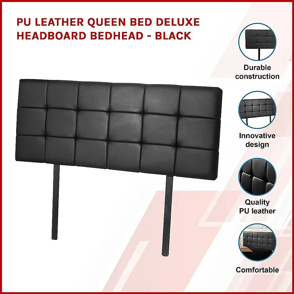 PU Leather Queen Bed Deluxe Headboard Bedhead - Black - Furniture > Bedroom