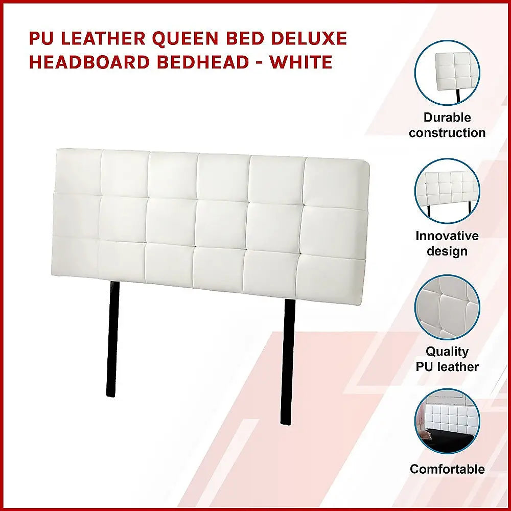 PU Leather Queen Bed Deluxe Headboard Bedhead - White - Furniture > Bedroom