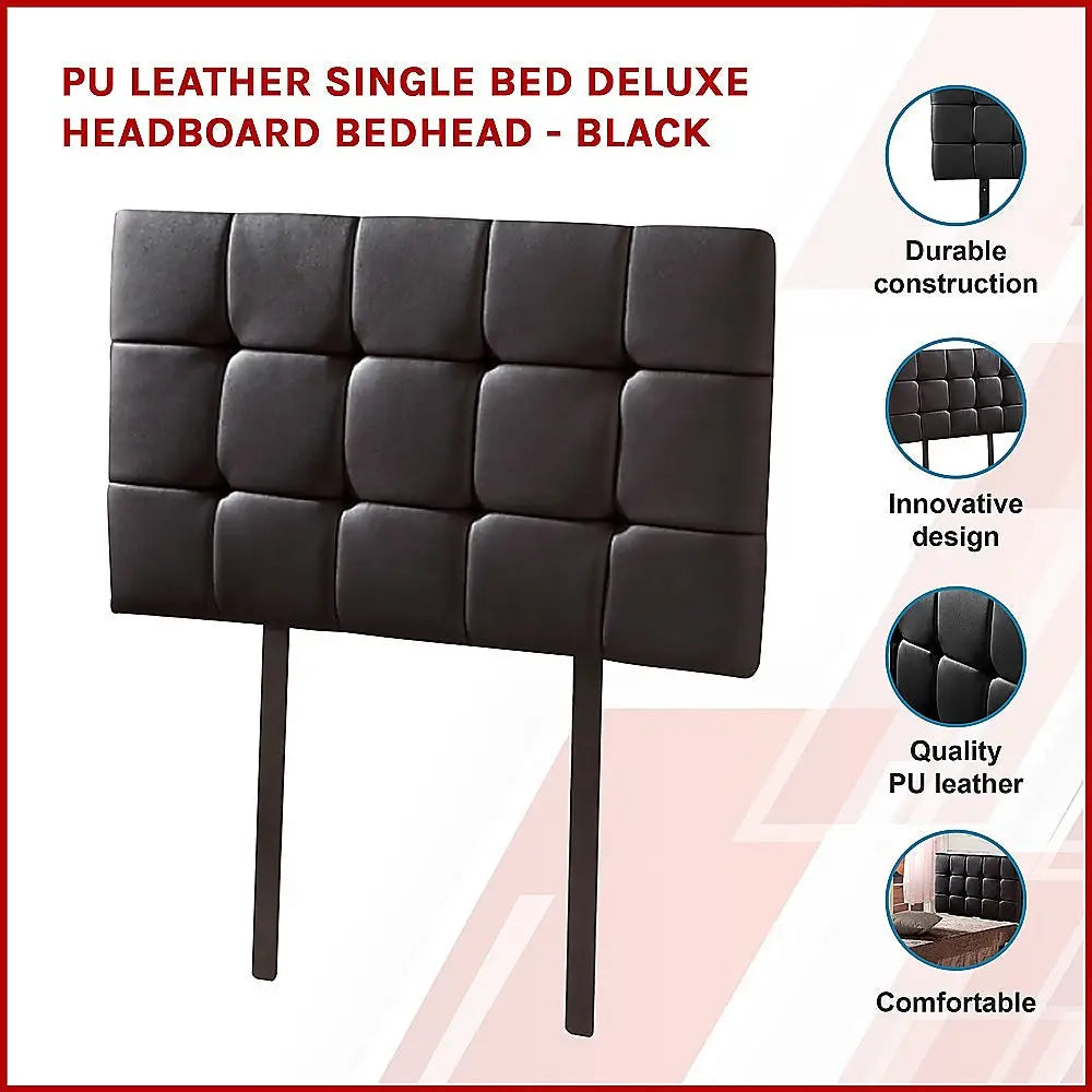 PU Leather Single Bed Deluxe Headboard Bedhead - Black - Furniture > Bedroom