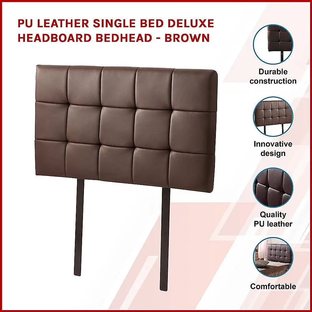 PU Leather Single Bed Deluxe Headboard Bedhead - Brown - Furniture > Bedroom