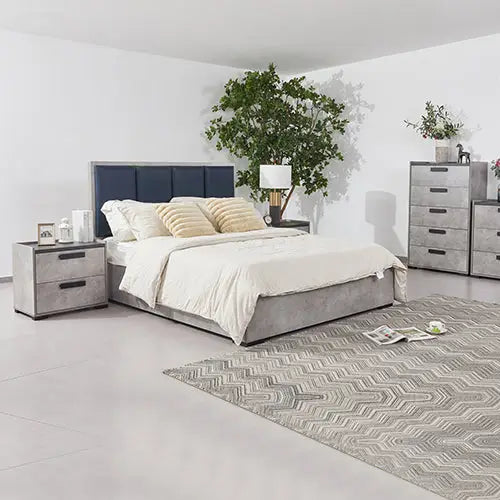 Queen 4 Pcs Bedroom Suite with Tallboy Fabric Upholstery MDF Combination of Black & Cement Colour - Furniture > Bedroom