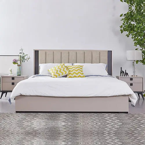 Queen 5 Pcs Bedroom Suite Fabric Upholstery MDF Combination of Champagne and Black Colour - Furniture > Bedroom > Beds