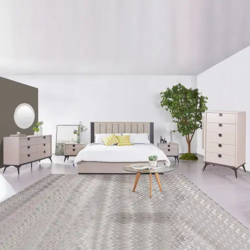 Queen 5 Pcs Bedroom Suite Fabric Upholstery MDF Combination of Champagne and Black Colour - Furniture > Bedroom > Beds