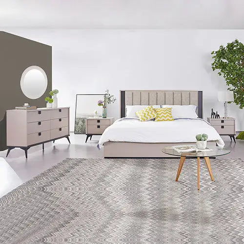 Queen 5 Pcs Bedroom Suite Fabric Upholstery MDF Combination of Champagne and Black Colour - Furniture > Bedroom > Beds