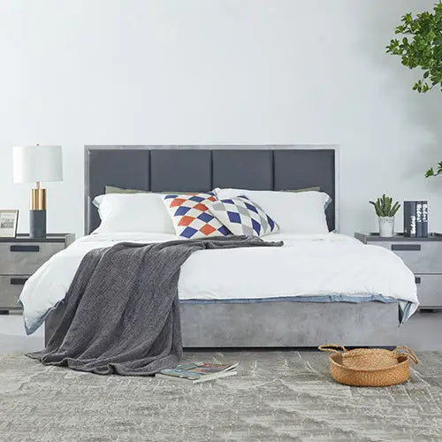 Queen 5 Pcs Bedroom Suite Fabric Upholstery MDF Combination of Black & Cement Colour - Furniture > Bedroom > Beds & Bed