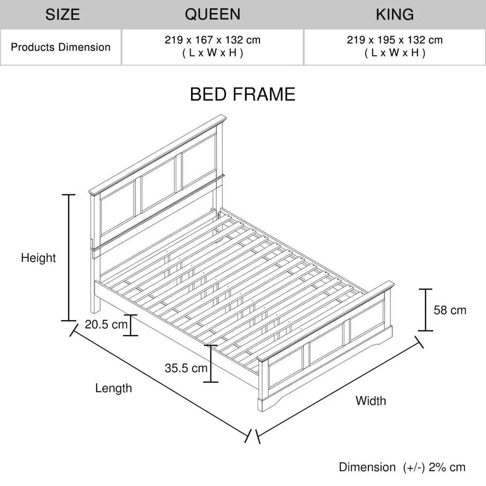 Queen Bed Frame in Solid Wood with Slats Support in White colour - Furniture > Bedroom > Beds & Bed Frames