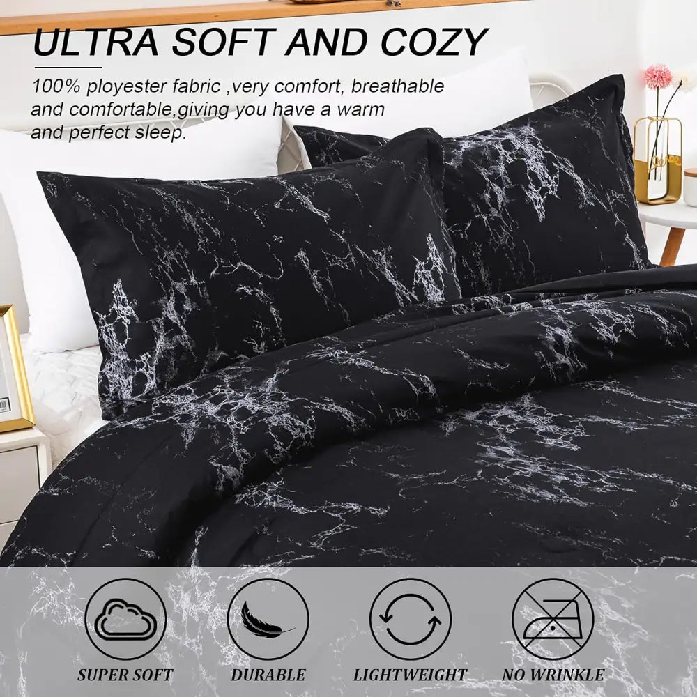 Queen Black Marble Comforter Set Bedding for All Seasons 3-Piece Set - Home & Garden > Bedding > Quilts & Duvets
