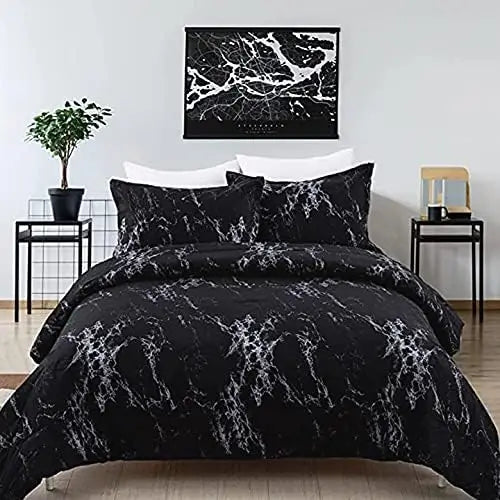 Queen Black Marble Comforter Set Bedding for All Seasons 3-Piece Set - Home & Garden > Bedding > Quilts & Duvets