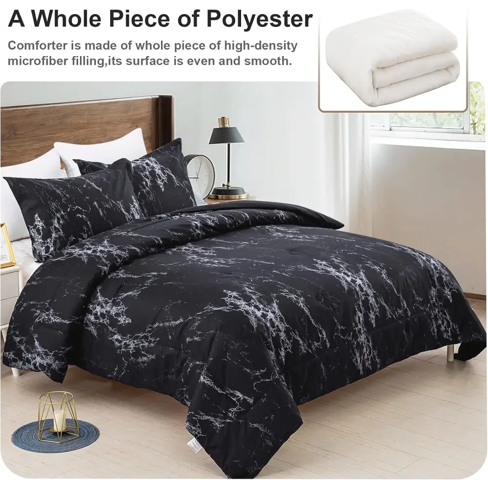 Queen Black Marble Comforter Set Bedding for All Seasons 3-Piece Set - Home & Garden > Bedding > Quilts & Duvets