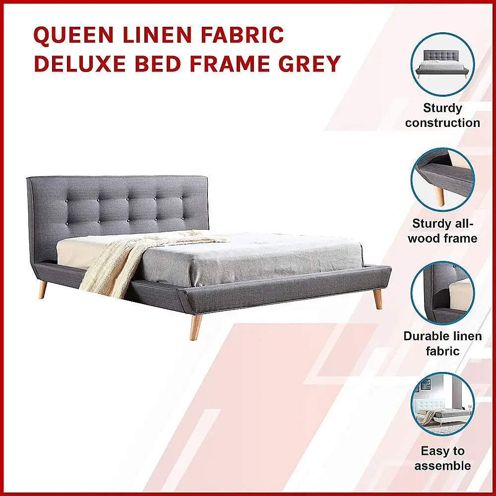 Queen Linen Fabric Deluxe Bed Frame Grey - Furniture > Bedroom > Beds & Bed Frames