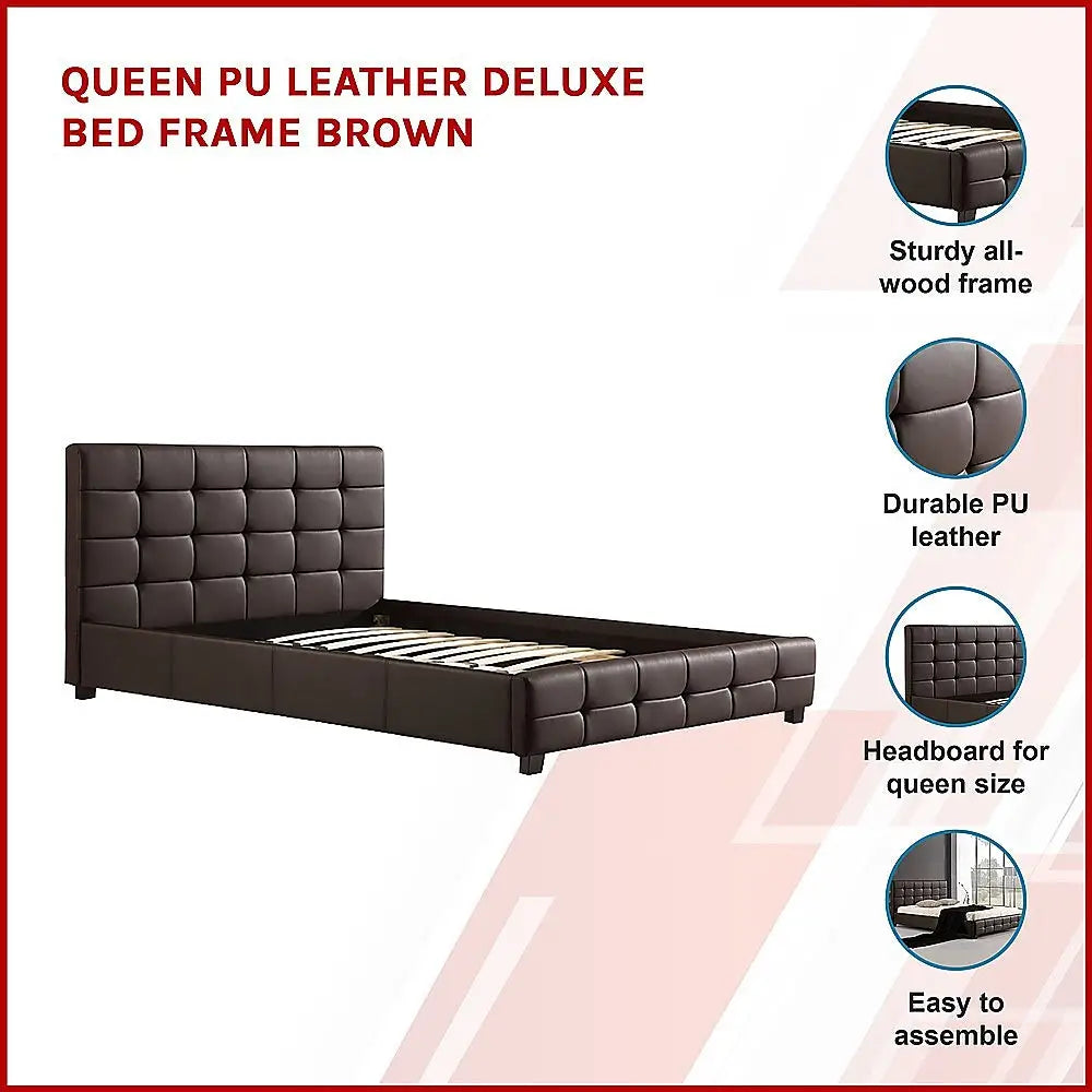 Queen PU Leather Deluxe Bed Frame Brown - Furniture > Bedroom > Beds & Bed Frames