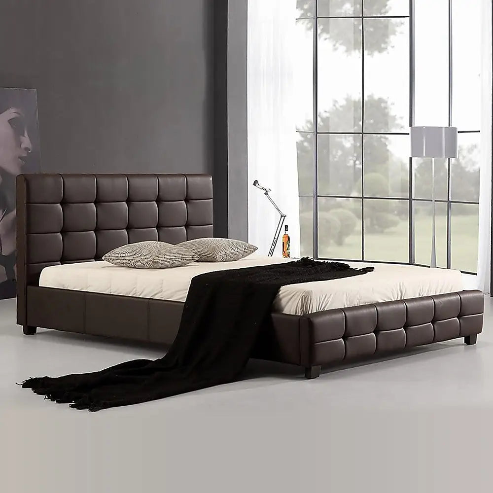 Queen PU Leather Deluxe Bed Frame Brown - Furniture > Bedroom > Beds & Bed Frames