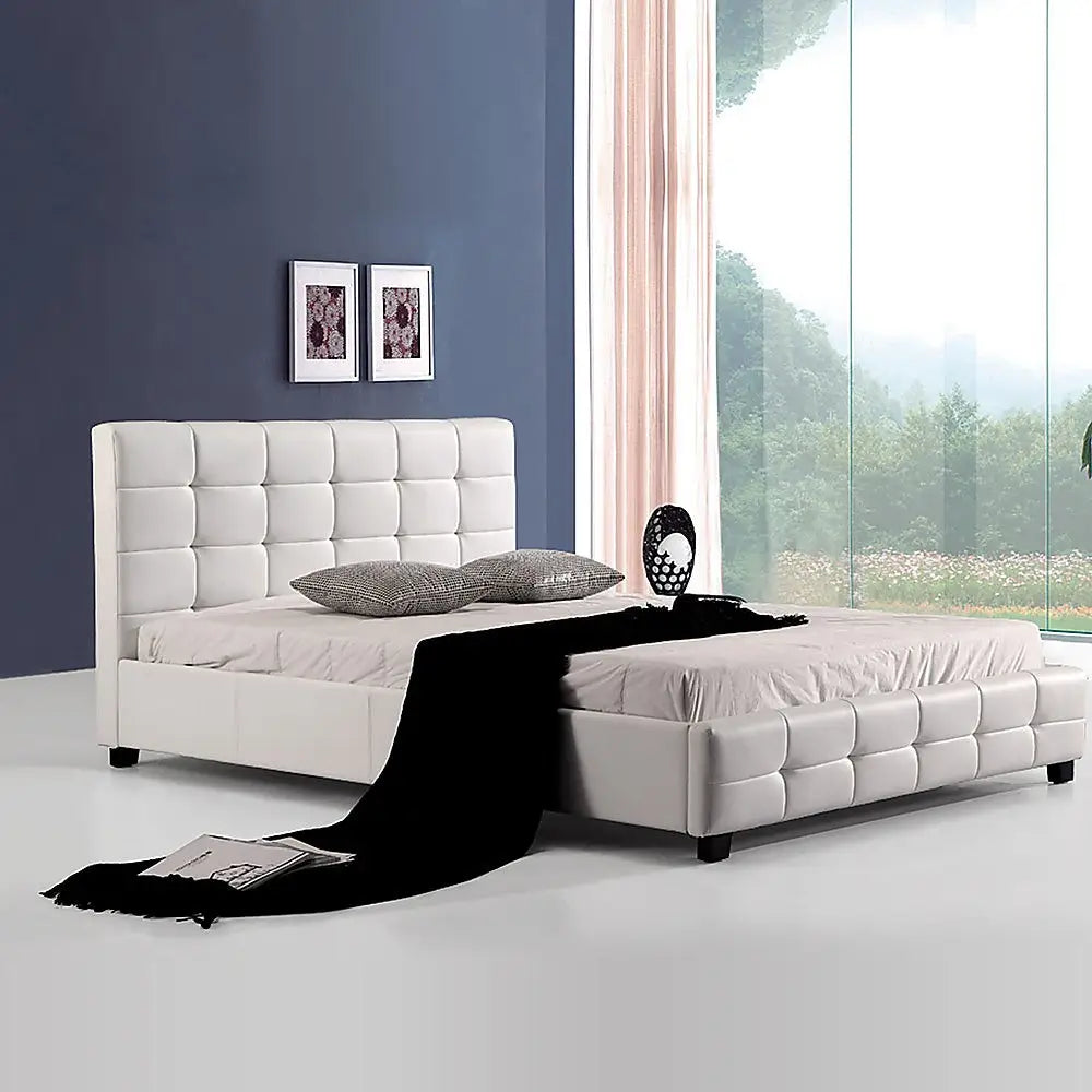 Queen PU Leather Deluxe Bed Frame White - Furniture > Bedroom > Beds & Bed Frames