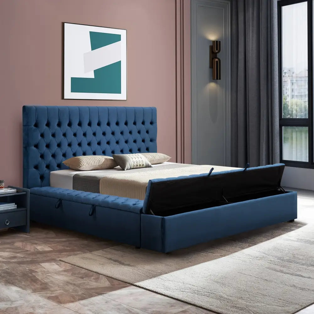 Queen Size Bedframe Velvet Upholstery Deep Blue Colour Tufted Headboard Deep Quilting - Furniture > Bedroom > Beds &