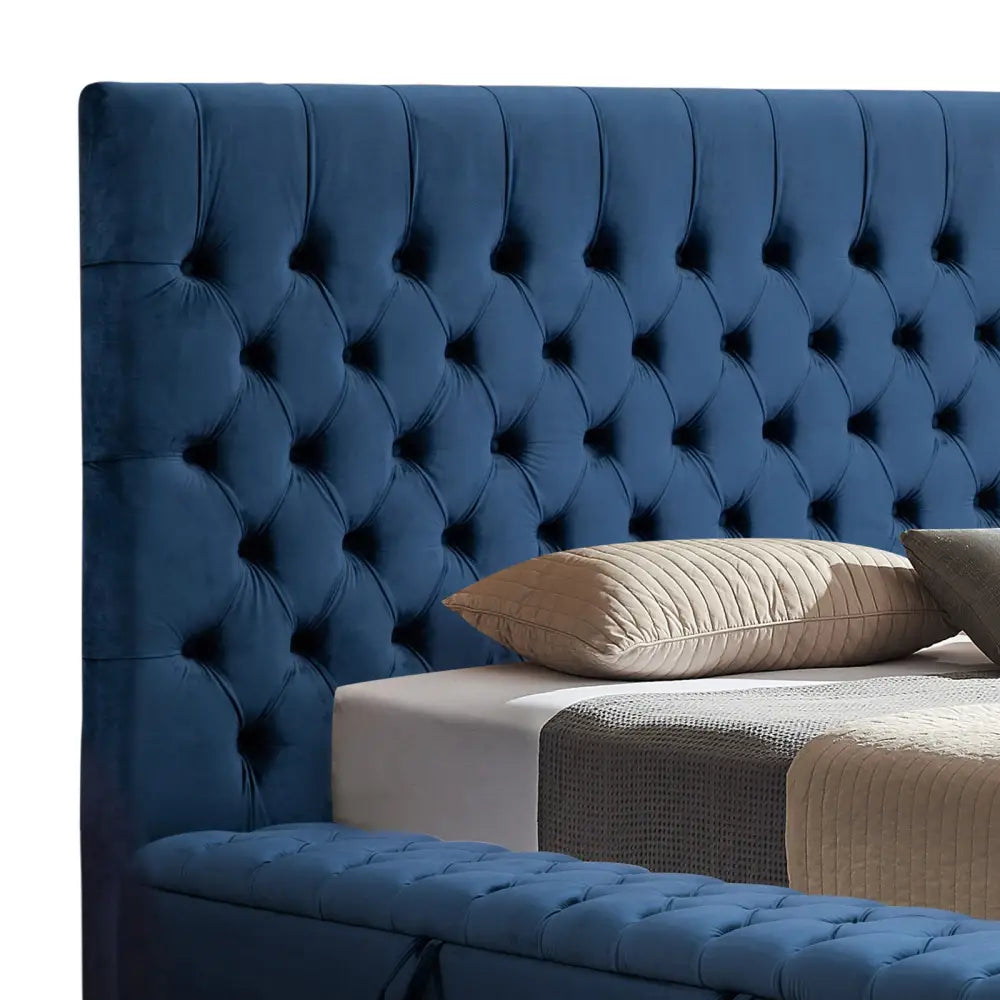 Queen Size Bedframe Velvet Upholstery Deep Blue Colour Tufted Headboard Deep Quilting - Furniture > Bedroom > Beds &