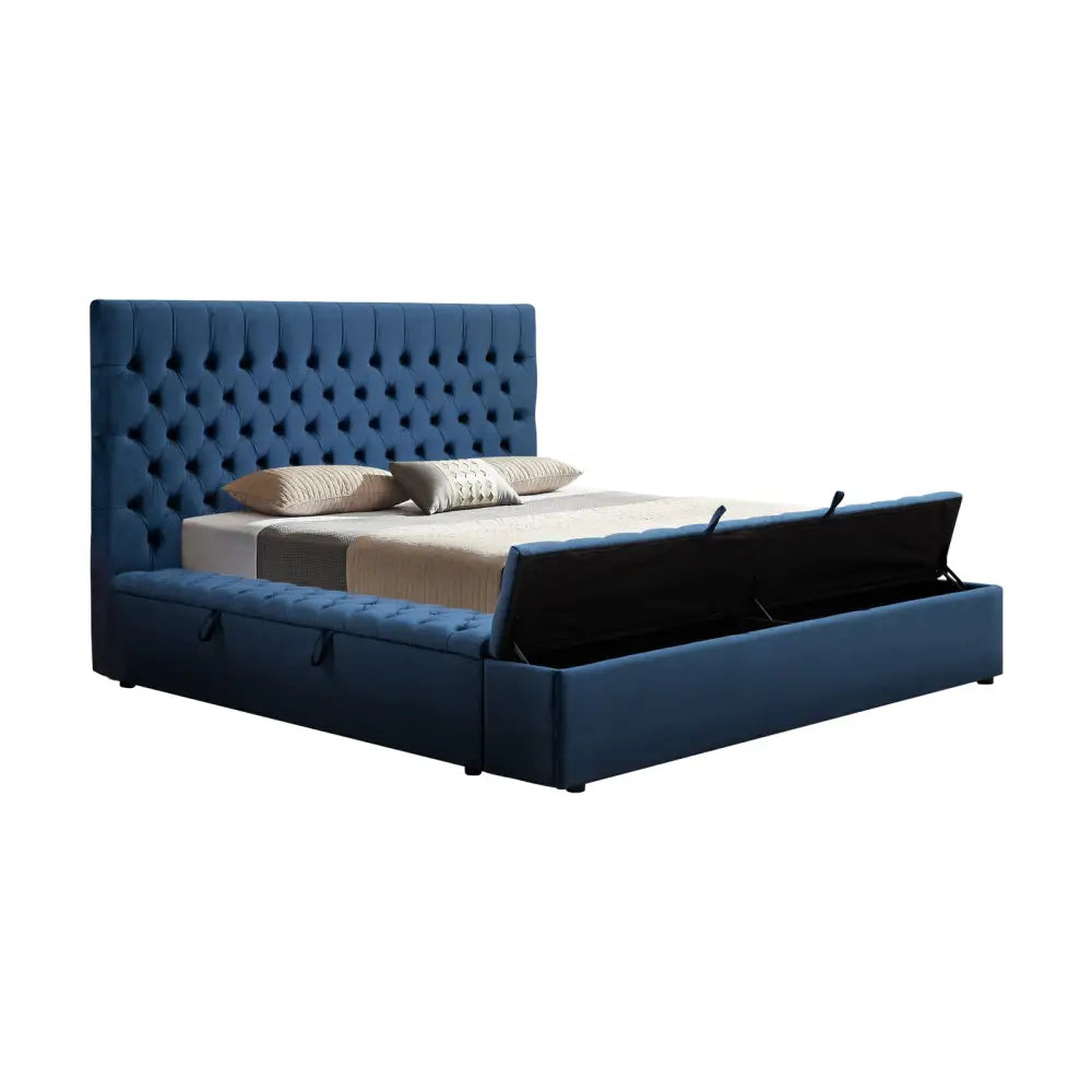 Queen Size Bedframe Velvet Upholstery Deep Blue Colour Tufted Headboard Deep Quilting - Furniture > Bedroom > Beds &