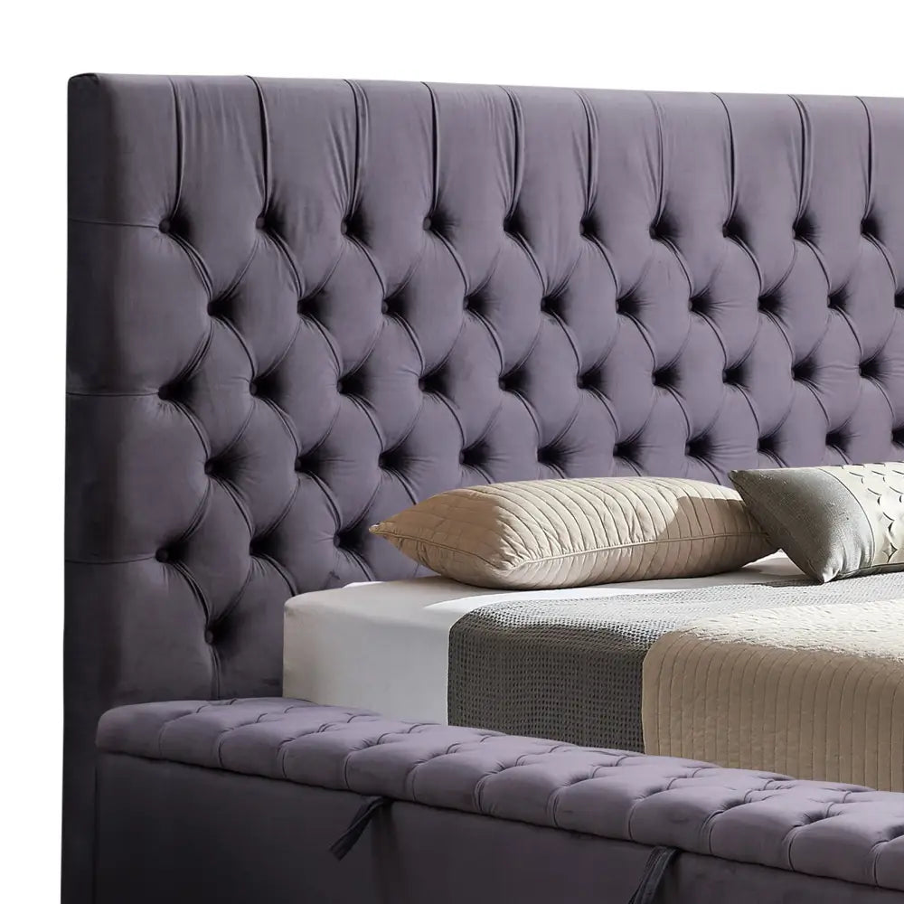 Queen Size Bedframe Velvet Upholstery Deep Grey Colour Tufted Headboard Deep Quilting - Furniture > Bedroom > Beds &