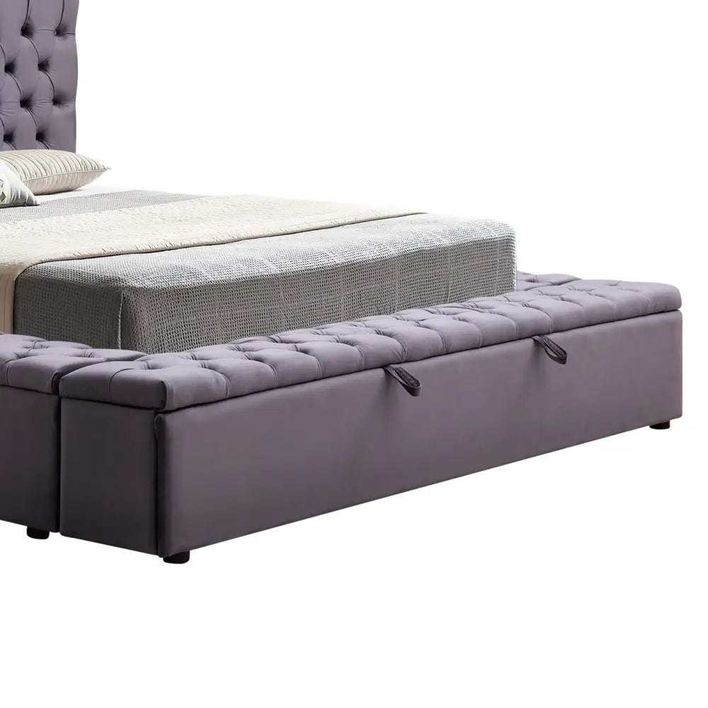 Queen Size Bedframe Velvet Upholstery Deep Grey Colour Tufted Headboard Deep Quilting - Furniture > Bedroom > Beds &