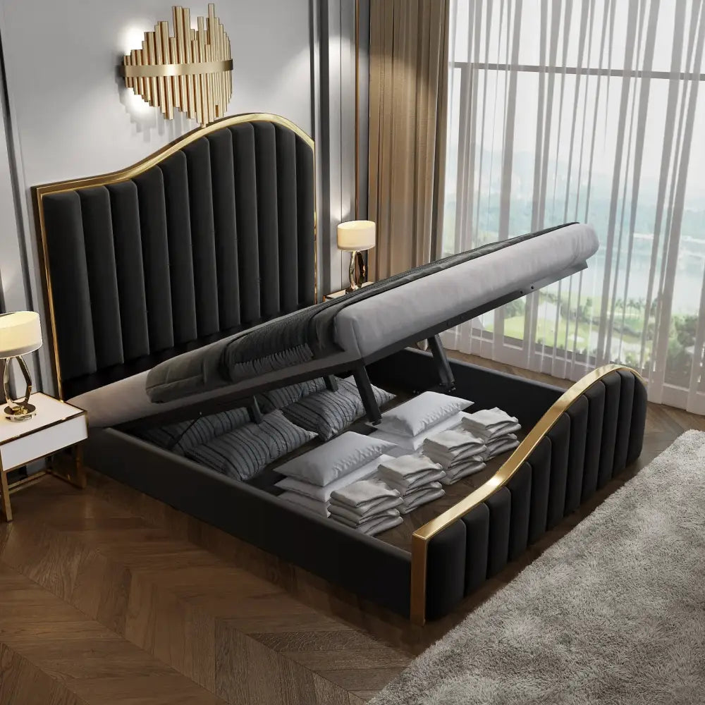 Queen Size Black Velvet Fabric Golden Metal Storage Elegant Luxury Bedframe - Furniture > Bedroom