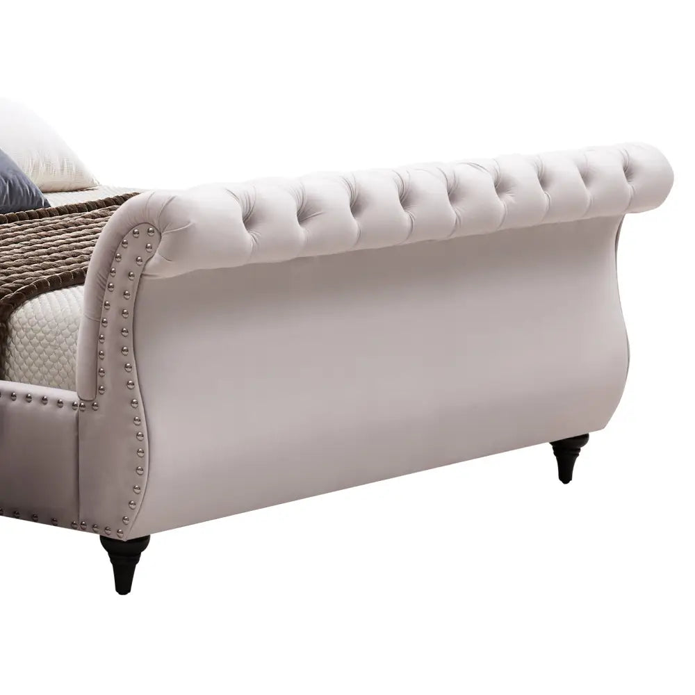 Queen Size Sleigh Bedframe Velvet Upholstery Beige Colour Tufted Headboard And Footboard Deep Quilting - Furniture >