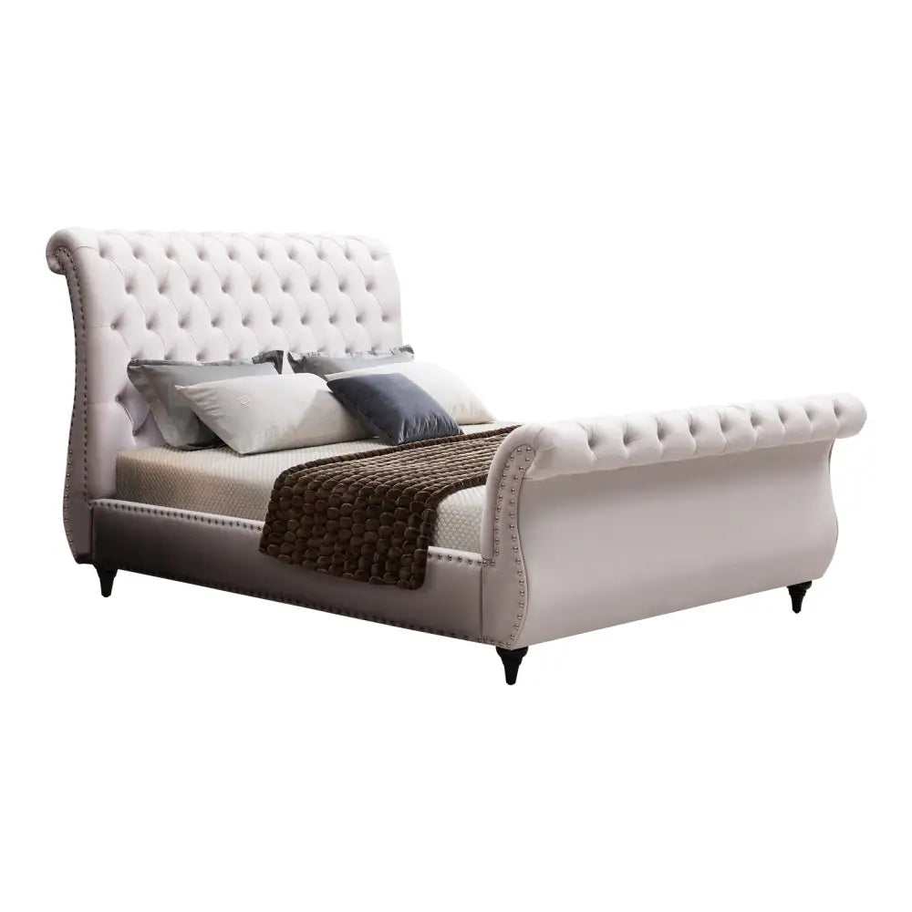 Queen Size Sleigh Bedframe Velvet Upholstery Beige Colour Tufted Headboard And Footboard Deep Quilting - Furniture >