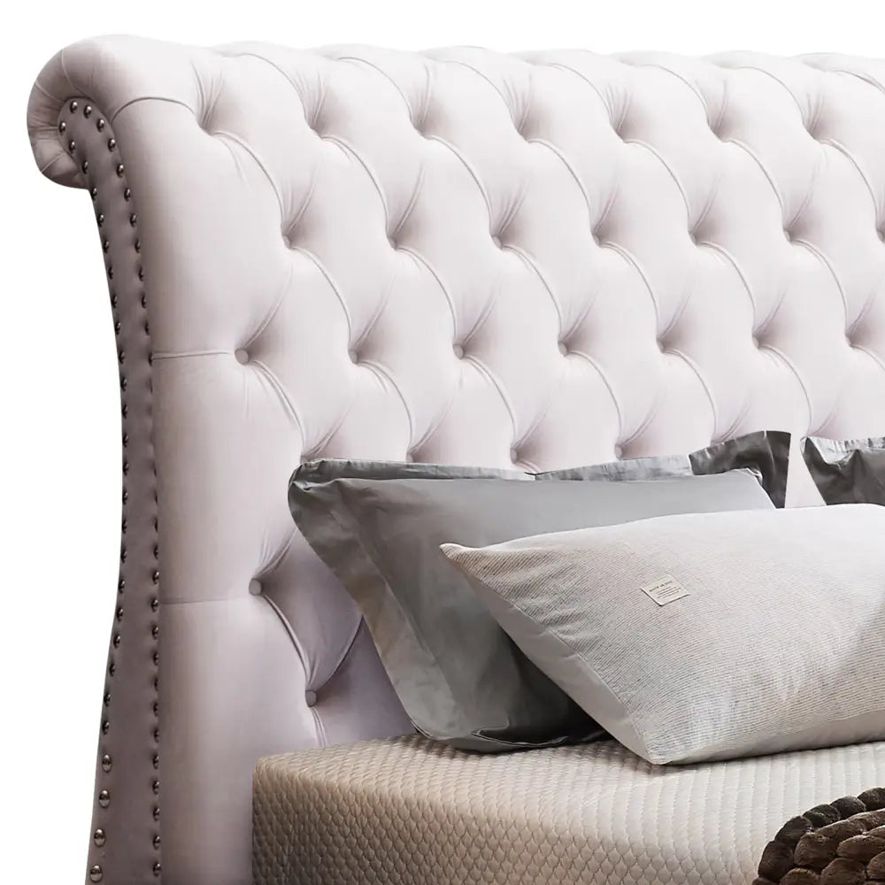 Queen Size Sleigh Bedframe Velvet Upholstery Beige Colour Tufted Headboard And Footboard Deep Quilting - Furniture >