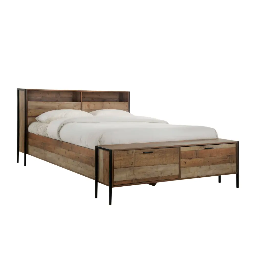 Queen Size Storage Bed Farme in Oak Colour with Particle Board Contraction and Metal Legs - Furniture > Bedroom > Beds