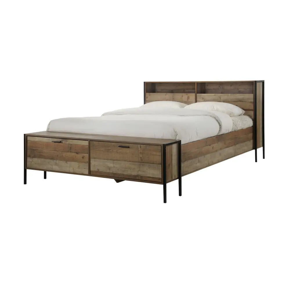 Queen Size Storage Bed Farme in Oak Colour with Particle Board Contraction and Metal Legs - Furniture > Bedroom > Beds