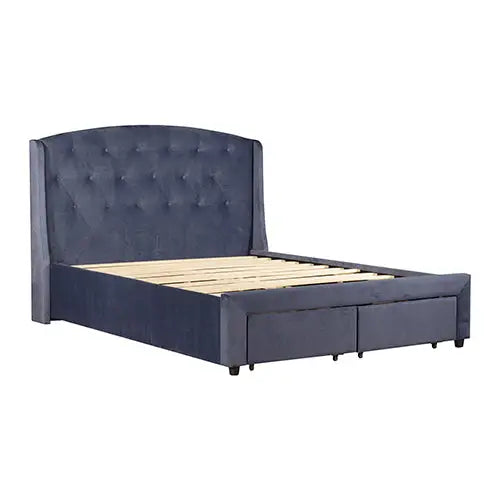 Queen Size Storage Bed Frame Upholtery Navy Blue Fabric with 2 Drawers - Furniture > Bedroom > Beds & Bed Frames