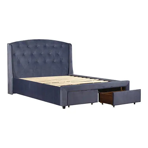 Queen Size Storage Bed Frame Upholtery Navy Blue Fabric with 2 Drawers - Furniture > Bedroom > Beds & Bed Frames