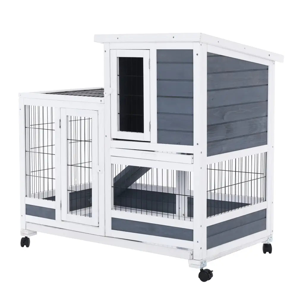 Rabbit Hutch Chicken Coop with Wheels 96.5 x 56 x 90.5cm 2 Storey Pet Cage Run HOPKINS - Pet Care > Coops & Hutches >