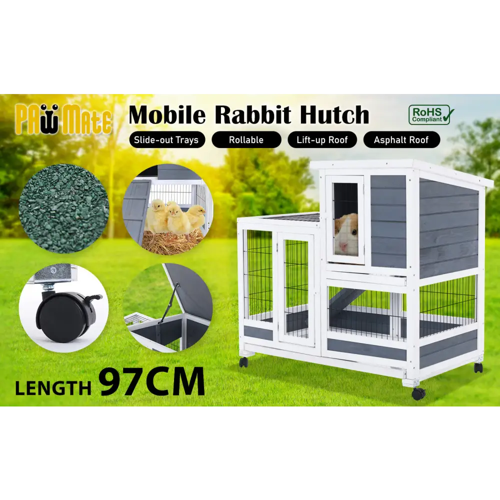 Rabbit Hutch Chicken Coop with Wheels 96.5 x 56 x 90.5cm 2 Storey Pet Cage Run THUMPER - Pet Care > Coops & Hutches >