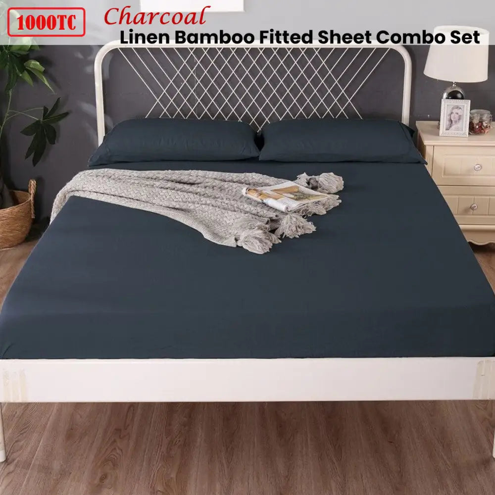 Ramesses 1000TC Linen Bamboo Fitted Sheet Combo Set Charcoal Queen - Home & Garden > Bedding > Bed Sheets