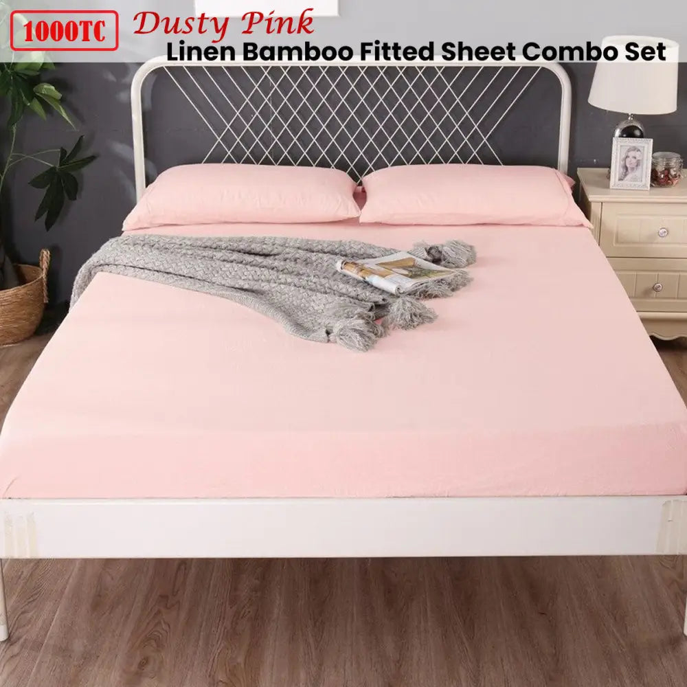 Ramesses 1000TC Linen Bamboo Fitted Sheet Combo Set Dusty Pink Queen - Home & Garden > Bedding > Bed Sheets