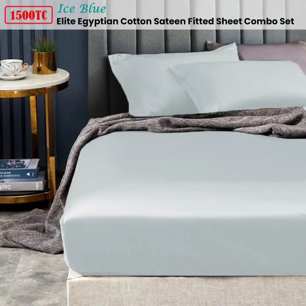 Ramesses 1500TC Elite Egyptian Cotton Sateen Fitted Sheet Combo Set Ice Blue Single - Home & Garden > Bedding > Bed