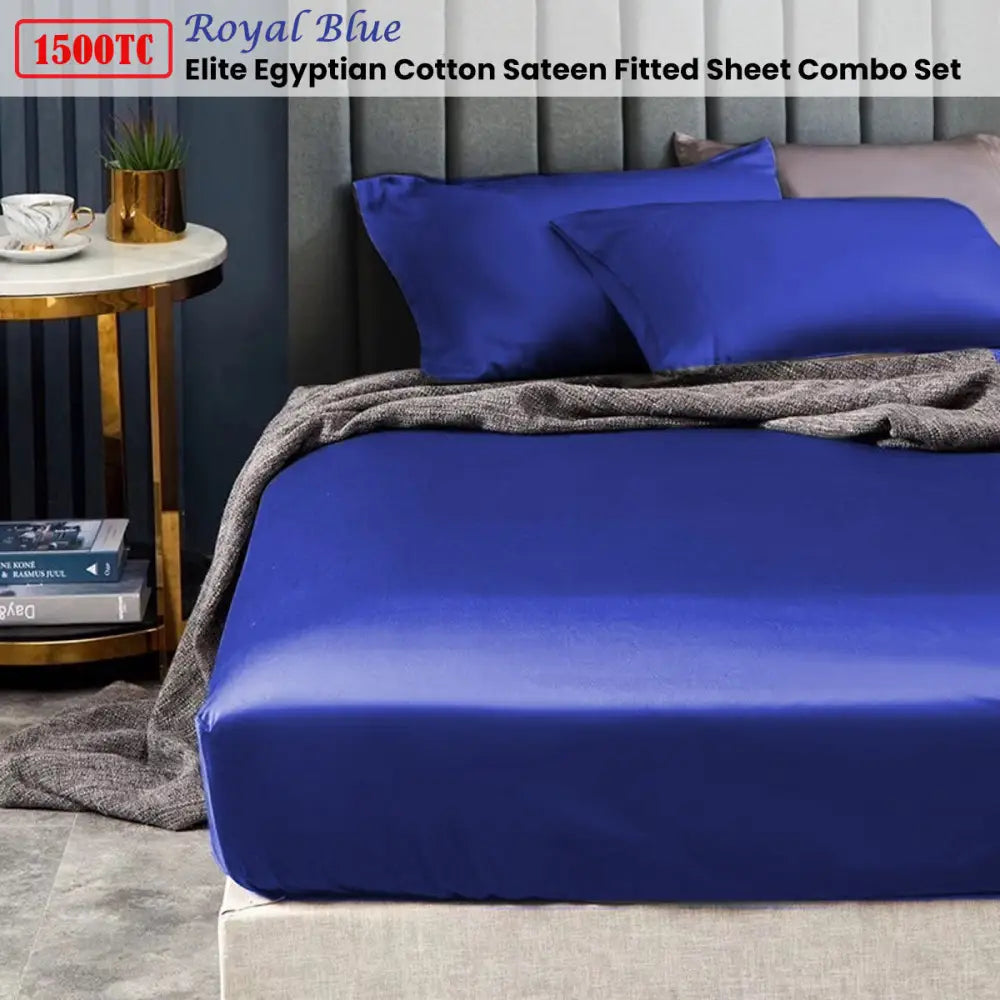Ramesses 1500TC Elite Egyptian Cotton Sateen Fitted Sheet Combo Set Royal Blue King Single - Home & Garden > Bedding >