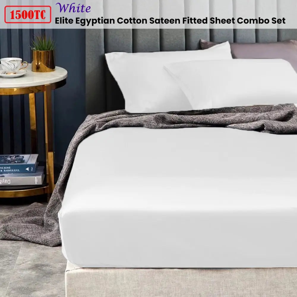 Ramesses 1500TC Elite Egyptian Cotton Sateen Fitted Sheet Combo Set White Mega King - Home & Garden > Bedding > Bed