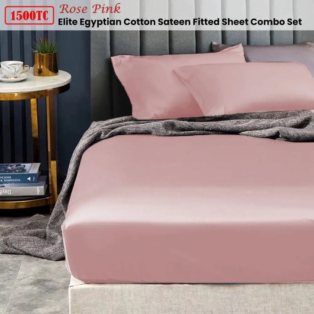 Ramesses 1500TC Elite Egyptian Cotton Sateen Fitted Sheet Combo Set Rose Pink King - Home & Garden > Bedding > Bed