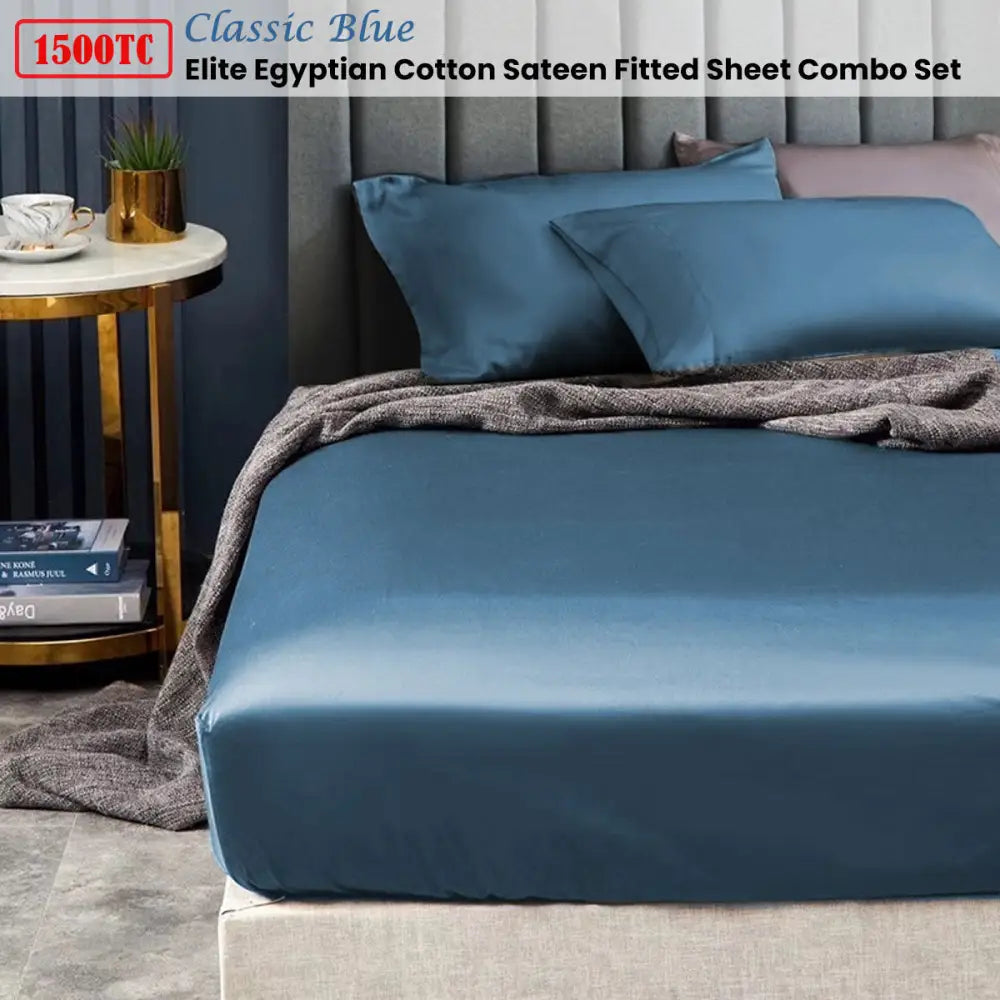 Ramesses 1500TC Elite Egyptian Cotton Sateen Fitted Sheet Combo Set Classic Blue Double - Home & Garden > Bedding > Bed