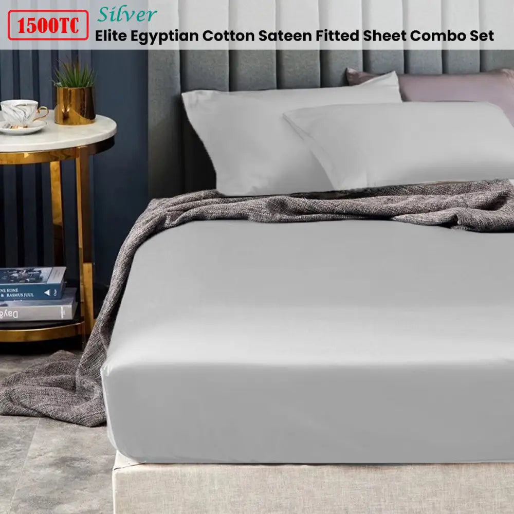 Ramesses 1500TC Elite Egyptian Cotton Sateen Fitted Sheet Combo Set Silver Queen - Home & Garden > Bedding > Bed Sheets