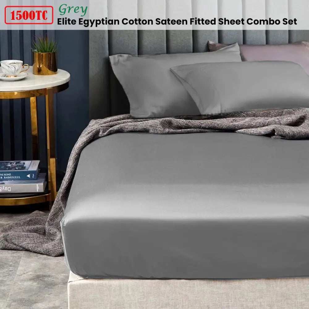 Ramesses 1500TC Elite Egyptian Cotton Sateen Fitted Sheet Combo Set Grey Queen - Home & Garden > Bedding > Bed Sheets