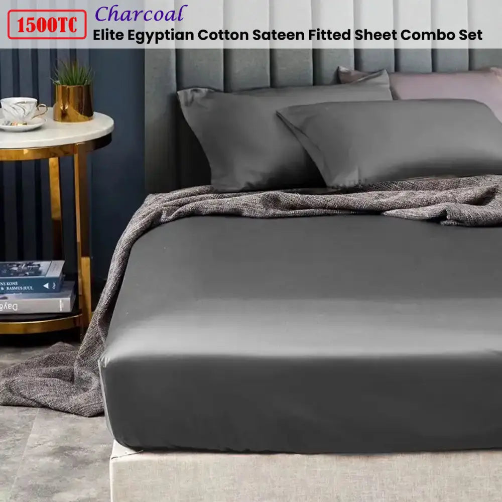 Ramesses 1500TC Elite Egyptian Cotton Sateen Fitted Sheet Combo Set Charcoal King Single - Home & Garden > Bedding >