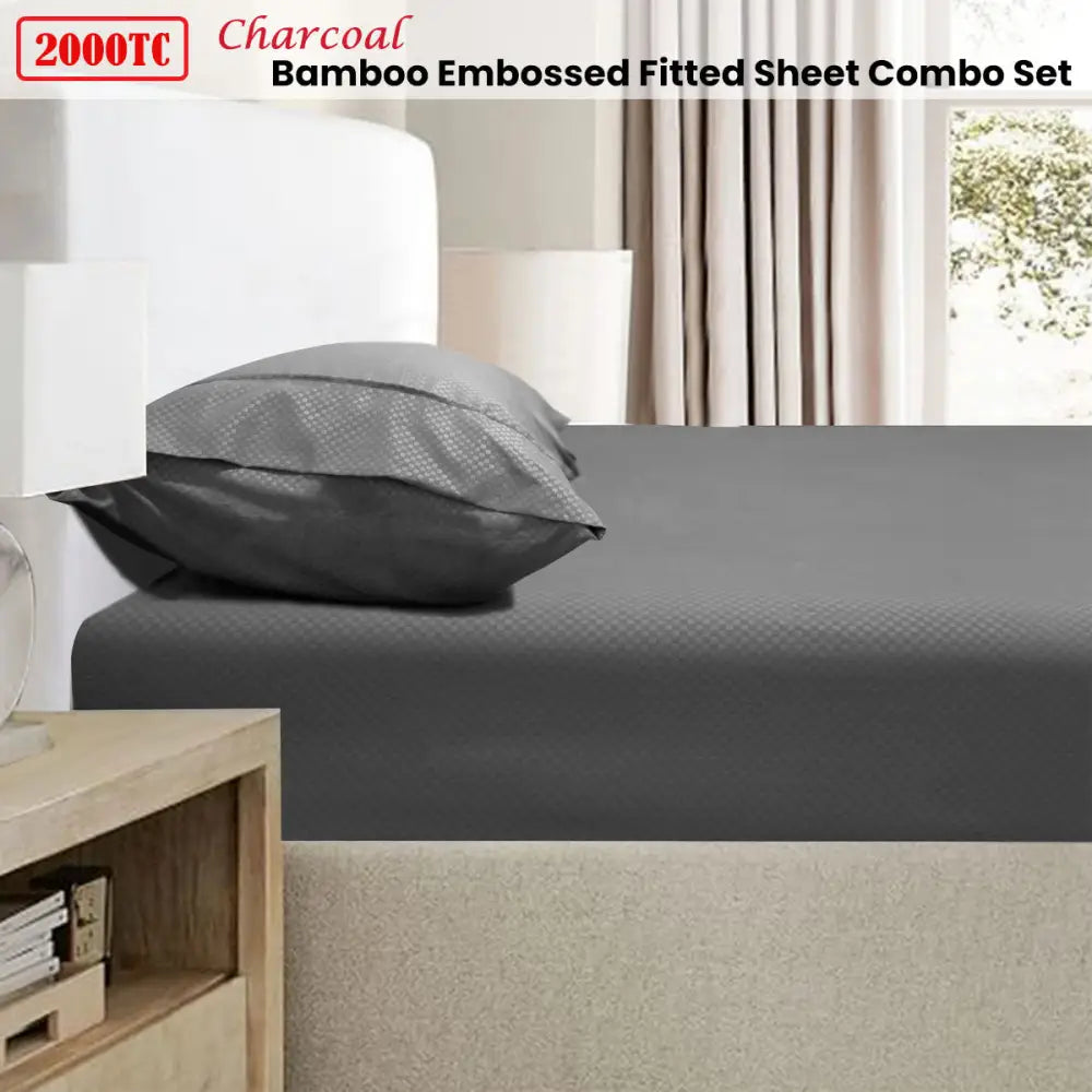 Ramesses 2000TC Bamboo Embossed Fitted Sheet Combo Set Charcoal King - Home & Garden > Bedding > Bed Sheets